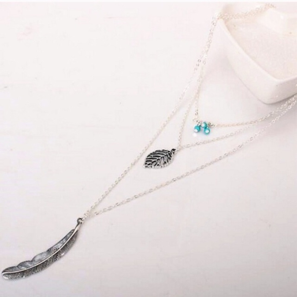 3 LAYER FEATHER LEAF NECKLACE Silver Turquoise